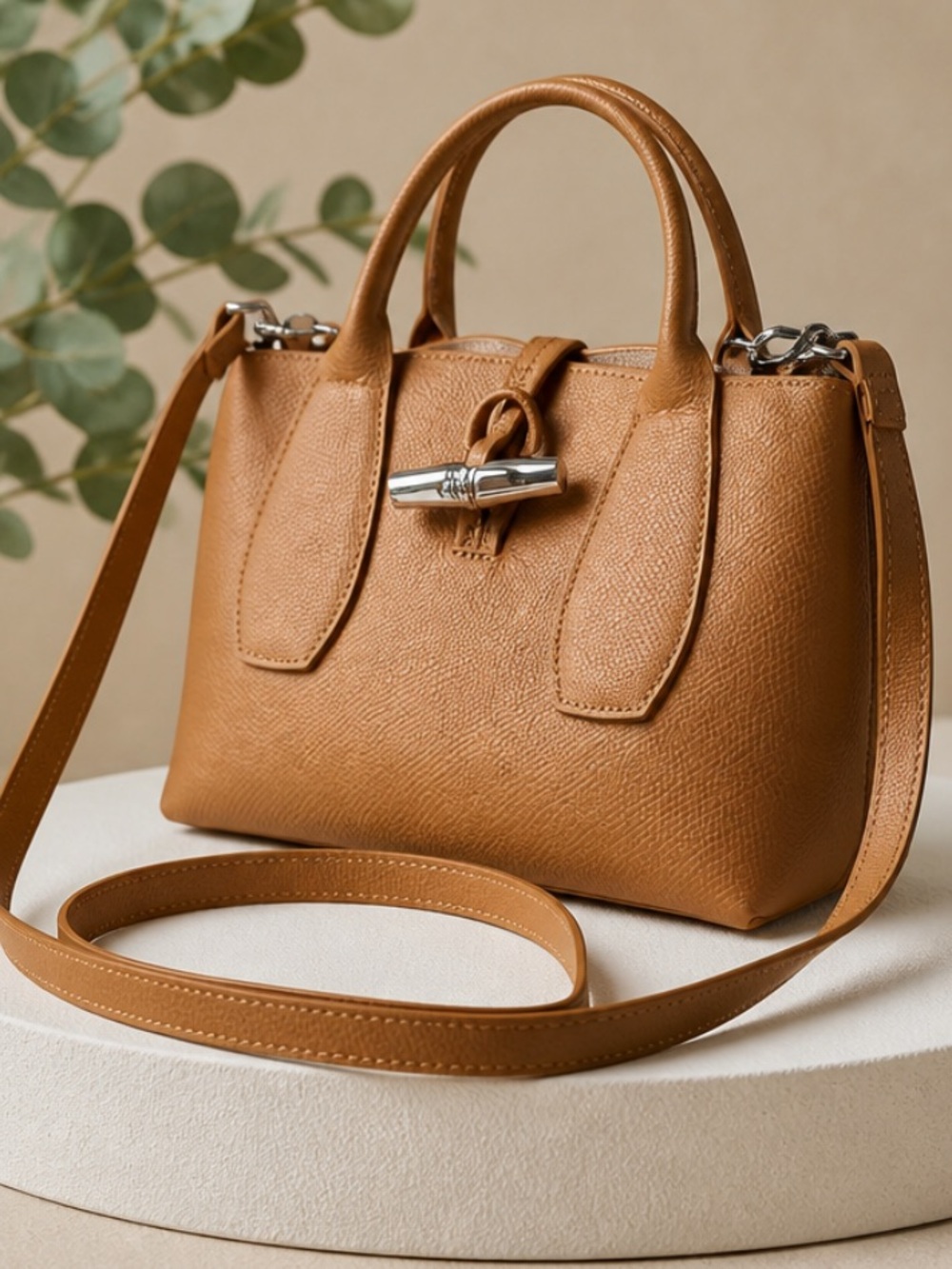 Longchamp Roseau 2 Way Camel Leather Satchel with Top Handle/ Crossbody Strap.